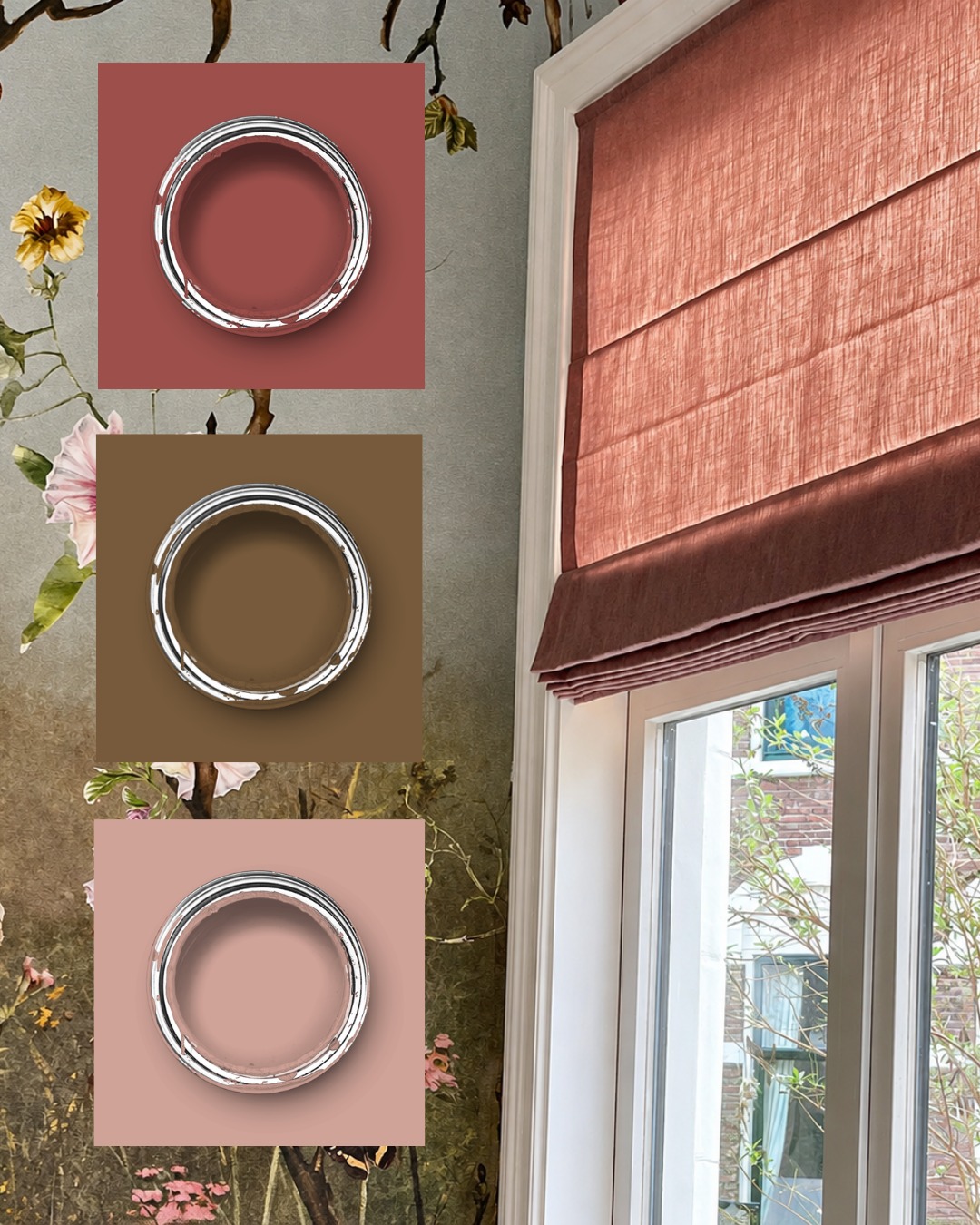 Roze vouwgordijn met drie bijpassende verfkleuren
