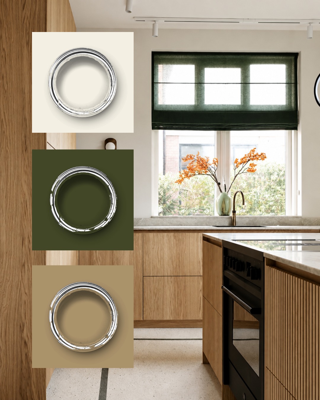 Keuken met groen vouwgordijn en drie bijpassende verfkleuren